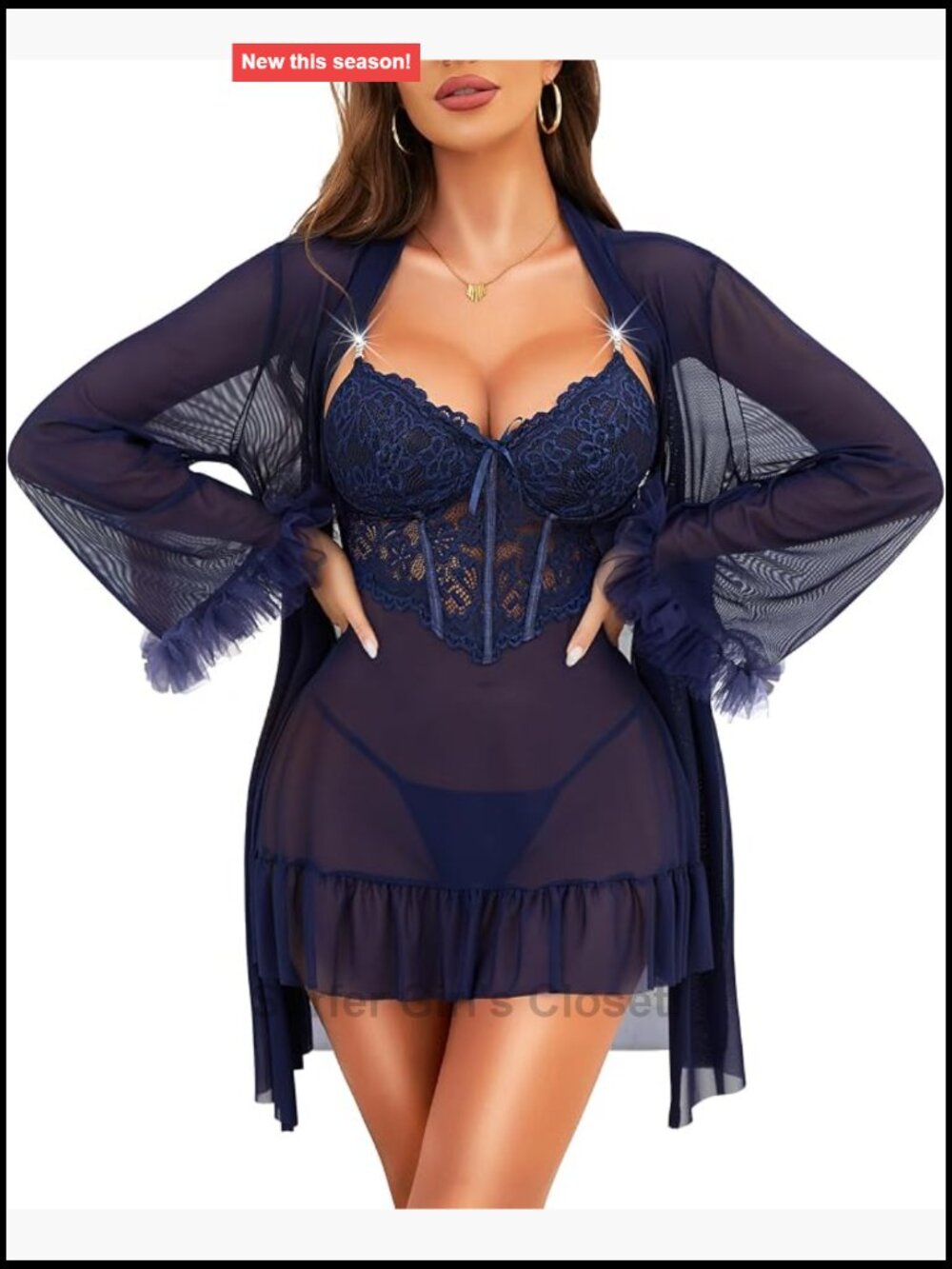 RSLOVE 2 Piece Lingerie Set Babydoll & Lace Kimono Robe Mesh Chemise Sleepwear